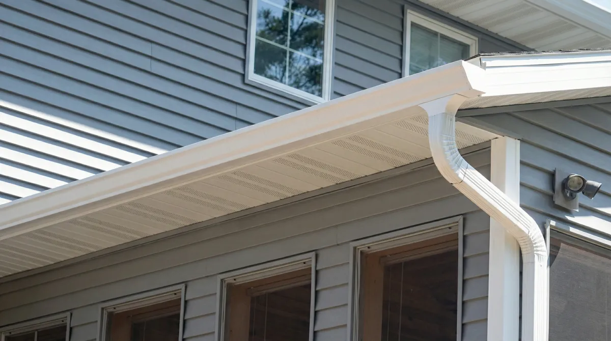 Professional home remodeling project showing newly installed white seamless gutters and downspouts on a house with gray siding in Chula Vista, CA