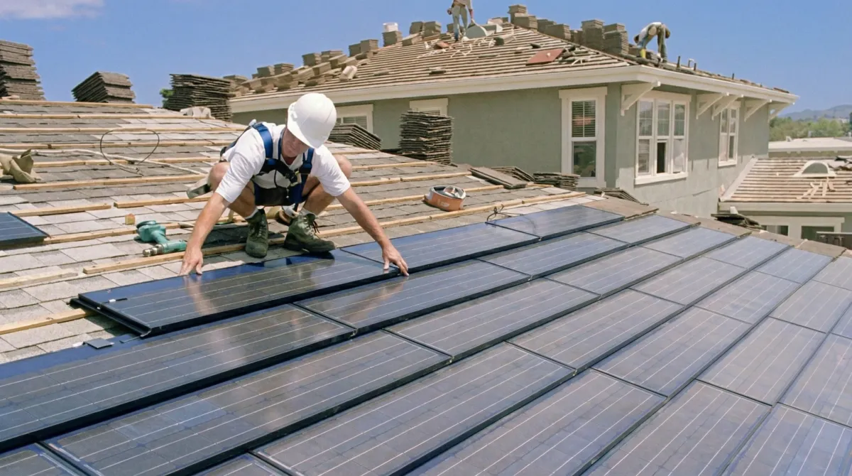 Roof replacement expert installing modern solar shingles on a residential home in Chula Vista, CA