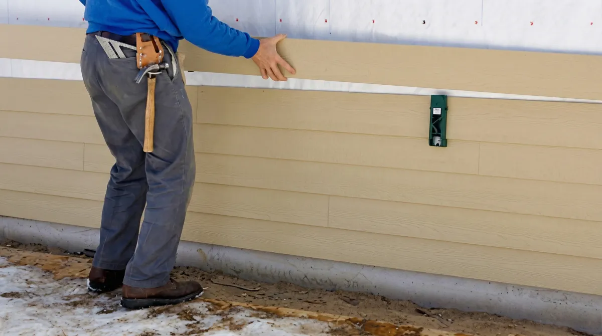 Siding replacement expert carefully aligning a new tan siding panel onto a residential exterior wall in Chula Vista, CA