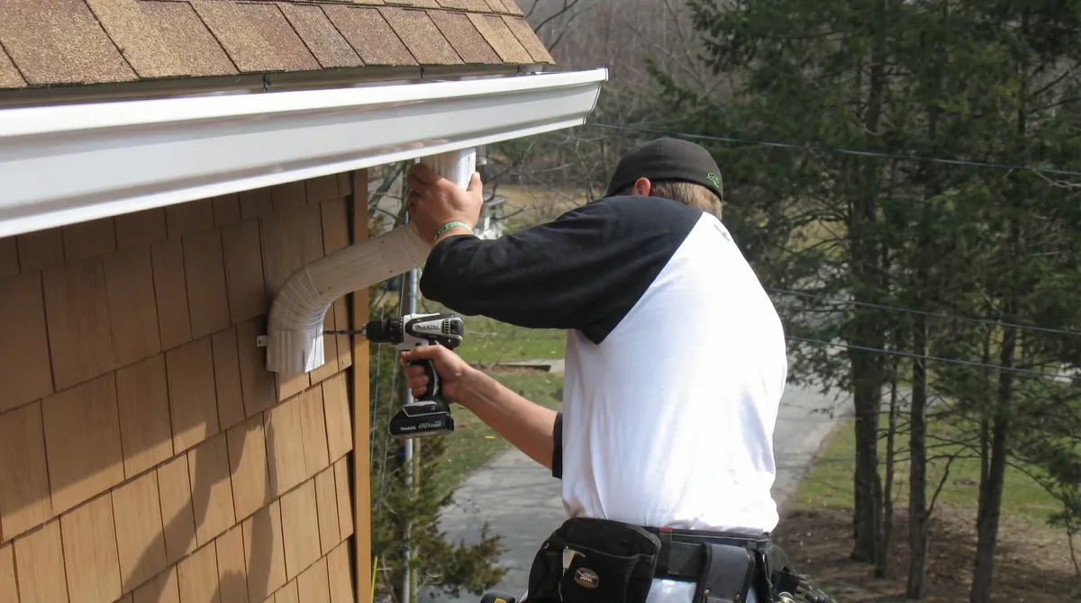Professional contractor installing tan vinyl siding panels on a residential home exterior in Chula Vista, CA