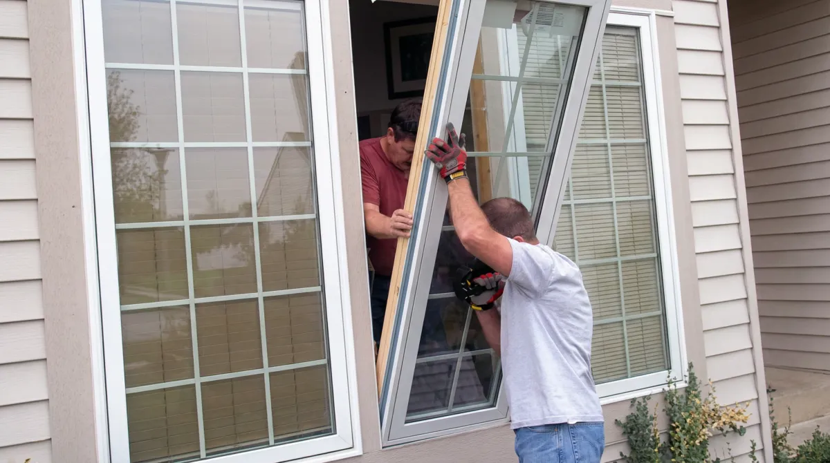 Professional home remodeling team installing a large replacement window on a house with tan siding in Chula Vista, CA